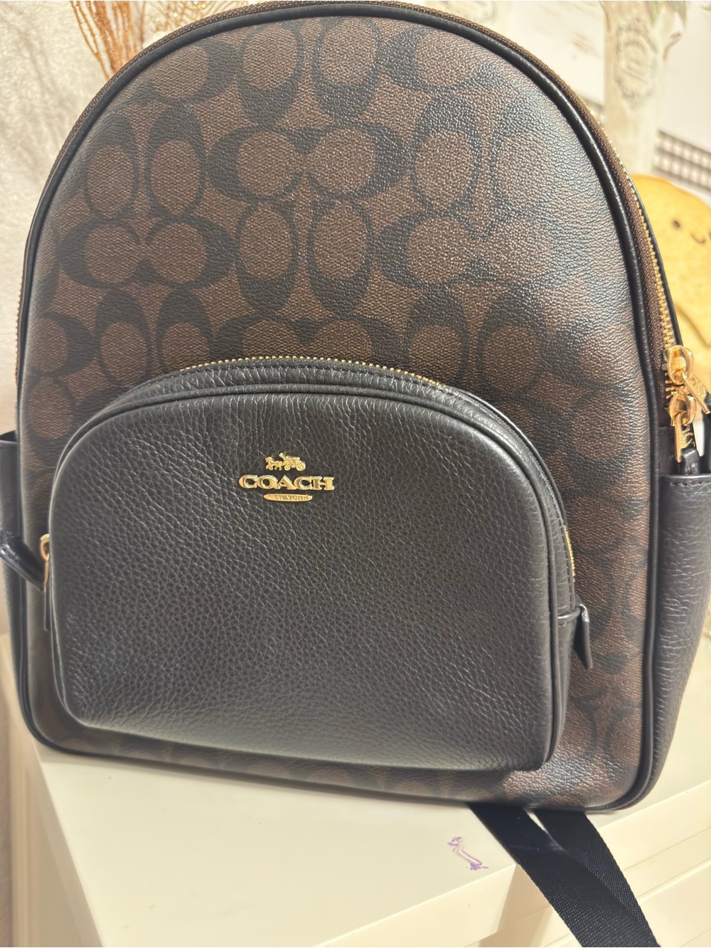 Coach Brown Signature Canvas & Black Leather Backpack with Gold Hardware